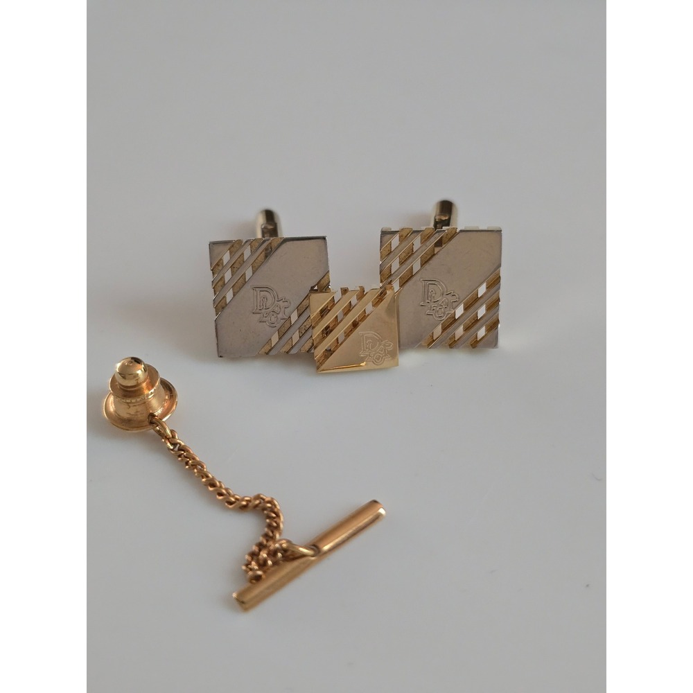 Christian Dior Cufflinks‎ Tie Tack Set Gold Tone Mens Accessories